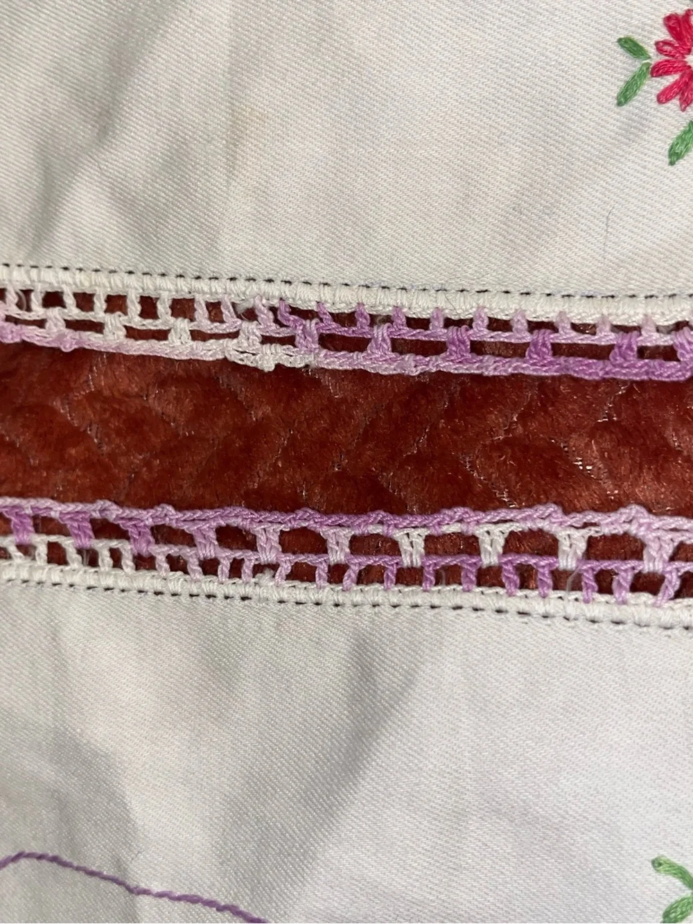 2 Vintage Embroidered Floral Doilies with Lavender Crochet Edge.